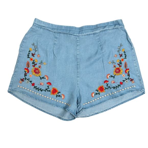 Blue Rain by Francesca’s Embroidered Chambray Shorts – Floral Boho Design Size L - Picture 1 of 6
